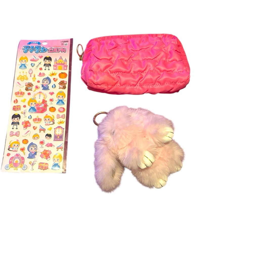 Pink Plush Bunny Keychain with Sticker Set